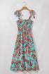Green Abstract Print Smocked Bodice Knotted Straps Ruffled Maxi Dress
